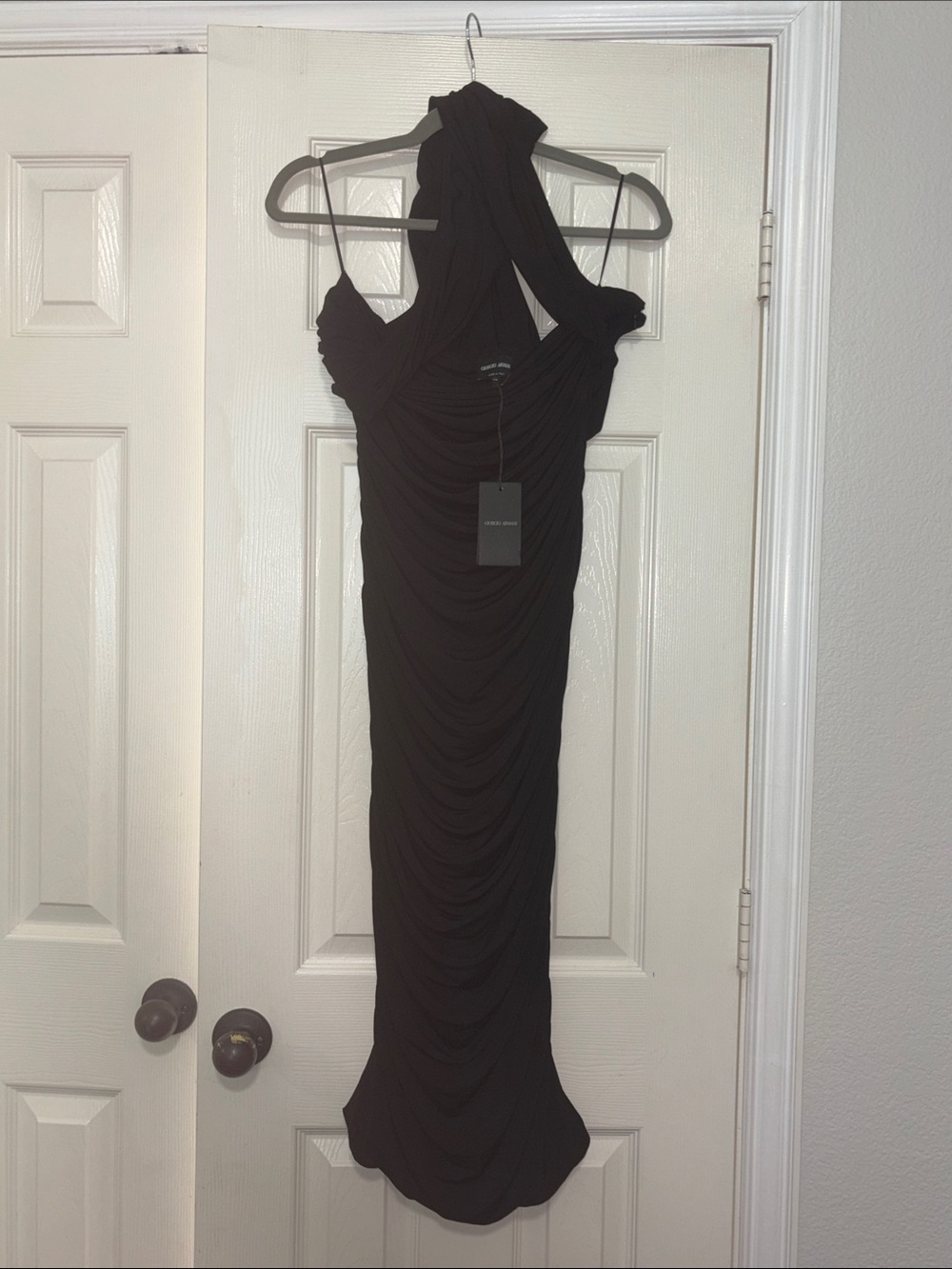 Giorgio Armani Black column Ruched Gown with multi-style option sleeves NWT 44